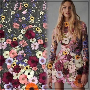 Tela de encaje con bordado de flores 3D multicolor, tela de tul floral colorida, para vestido de fiesta, vestido de noche, prenda de 51 pulgadas de ancho