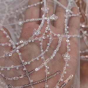 Sequins Exquisite Ivory Wave Flower Lace Fabric Couture Lace Fabric, luxurious beaded wedding dress lace