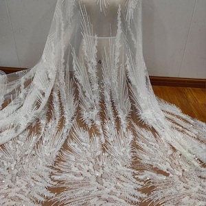heavy Sequin beaded Lace Fabric Embroidery Pearl Tulle floral applique fabric by the yard