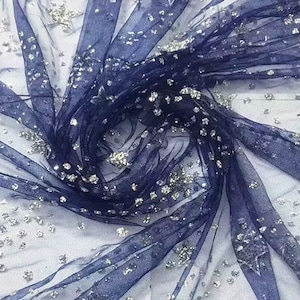 Tissu de dentelle de tulle bleu foncé d&#39;étoile de paille de haute qualité, tissu de robe de mariée voile tissu de dentelle de mariée 51&quot; de largeur