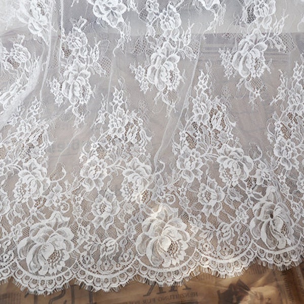 Chantilly Lace Fabric In White, Floral Embroidered Eyelash Lace Fabric,for Wedding Accessories, Bridal Gowns, Sewing Crafts