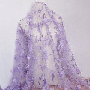 Purple 3D Chiffon Floral Leaf Embroidery Tulle Fabric,Wedding Dress Fabric Dress Veil Bridal Lace Fabric 51&quot; width