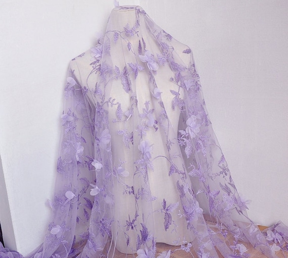 Purple 3D Chiffon Floral Leaf Embroidery Tulle Fabric