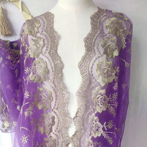 Purple Tulle Gold Lotus Embroidery Floral Bridal Lace Fabric ,Wedding Dress Fabric Dress Veil Bridal Lace Fabric 51&quot; width