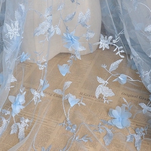 Embroidery Tulle 3D Blue Chiffon Floral Leaf Lace Fabric ,Wedding Dress Fabric Dress Veil Bridal Lace Fabric 51&quot; width