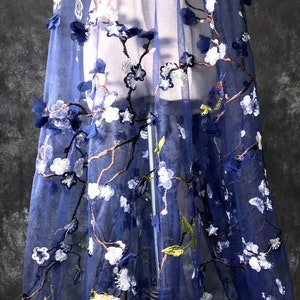 Dark blue purple 3D flowers Embroidered Lace Fabric Floral Mesh Tulle , Floral Tulle Lace Fabric, Wedding Dress, Prom Gown By 1 Yard