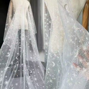 Tela de encaje bordado con estrellas y lunas, encaje de tul floral de lunares suaves, tela de encaje de malla de tul blanco roto para velos de novia, vestidos de bebé y trajes de muñecas.