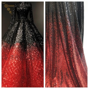 May include: A long-sleeved, black and red sequined gown with a gradient design. The top half of the gown is black, and the bottom half is red. The sequins are small and create a shimmering effect.