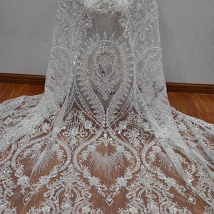 White Sequin Pearl beaded Lace Fabric Wedding Bridal Dress,Embroidery Tulle Mesh Lace,Bead Applique