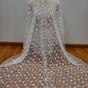 White Silver heavy Sequin beaded  Floral Embroidery Tulle flower applique fabric for wedding lace bridal lace dress fabric