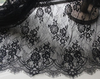 Lace Fabric Black Graceful Eyelash Bridal Lace Fabric,French Floral Scalloped Lace Fabric,for Wedding Dress, Lace Robe
