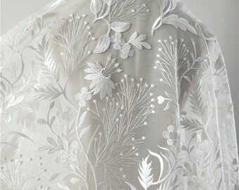White Ivory Embroidery floral Lace Fabric, Bridal Lace material, Wedding Dress,for Wedding Dress Gown,Veils, Party Dress or Curtains