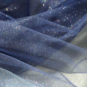 Dark Blue Sequin Gradient Color Tulle Lace Fabric , Wedding Dress Fabric Dress Veil Bridal Lace Fabric 51&quot; width