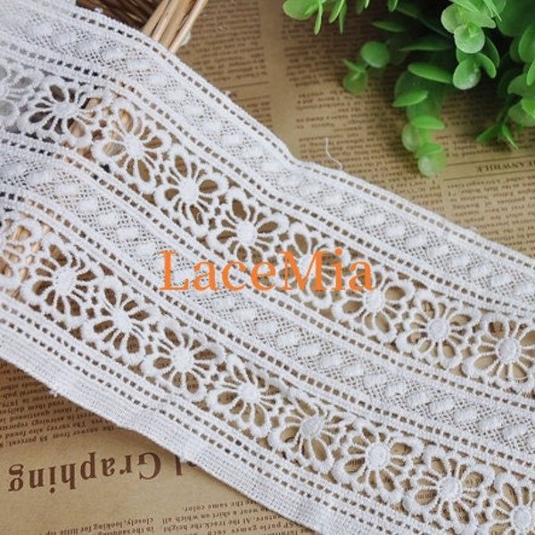 VINTAGE Lace Trim in white, Wide Cotton Lace, Retro Hollow Square Trim, Cotton Floral Trim 4.33" width