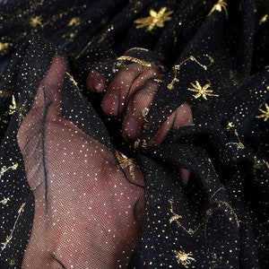 Star Moon Embroidery Gold Glitter Floral Soft Tulle Embroidered Moon Pattern Lace Fabric,For Illusion Gown, Prom Dress, Couture Design