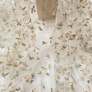 Small flower Embroidery Green Leaves Floral Tulle Lace Fabric  Leaf Branch Tulle Fabric Wedding Dress Fabric Dress Veil Bridal Lace Fabric