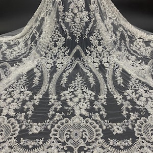 heavy beaded sequins rhinestones embroidery bridal lace fabric heavy bead tulle lace fabric