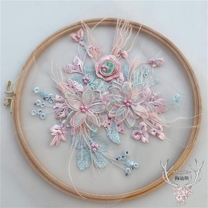 1 pc 3d pink flower lace applique feather bead flower embroidery applique ,  for Wedding Gown, Lace Bodice, Dresses Decor
