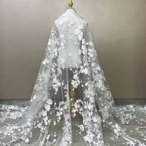 New Quality White 3D Lace Fabric,Floral Wedding Dress,Clear Sequins Floral embroidered on Netting,Bridal Dress