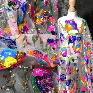 3D Floral Sequin Fabric,Mix 8 Crystal Colors Flower Dress Fabric,Embroidery Soft Mesh Fabric,for Dress, Skirts, Gowns or Prom Dress