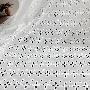 Cotton Fabric Retro Eyelet Flower Cotton Lace Fabric White Cotton Eyelet Floral Fabric for Doll Dress, Wedding Boho Dress, Lace Top