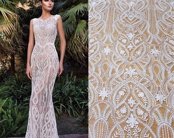 Ivory lace fabric, venice guipure lace fabric,for Wedding dresses, Evening Gown, Cotton Embroidery Alencon Tulle flower lace