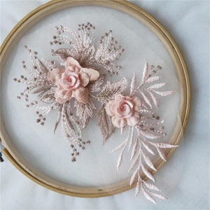 1 pc Pink 3D flower Lace Applique flowers embroidery applique   ,  for Wedding Gown, Lace Bodice, Dresses Decor