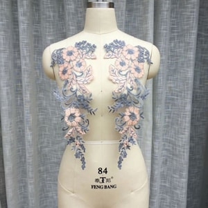 1 pair Gray Pink Flower Lace Applique floarl embroidery applique  ,  for Wedding Gown, Lace Bodice, Dresses Decor
