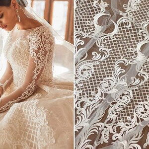 Doux tissu dentelle blanc ivoire appliqué matériel voile, robe de mariée, pour robe de mariée, robe de soirée, robe de demoiselle d'honneur