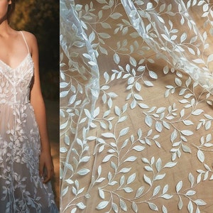 Soft Ivory Leaf Lace Fabric, Leaf Floral Embroidery Mesh Fabric ,for Wedding dresses, Bridal Veils, Flower Girl Dress