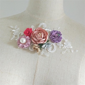 1pc 3D Pink Purple flower lace applique Bead pearl flower embroidery applique,  for Wedding Gown, Lace Bodice, Dresses Decor