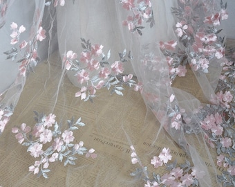 Pink Flower Embroidery Floral White Tulle Lace Fabric, for Party Dress, Girl Dress, Wedding Dress, Prom Gown By 1 Yard