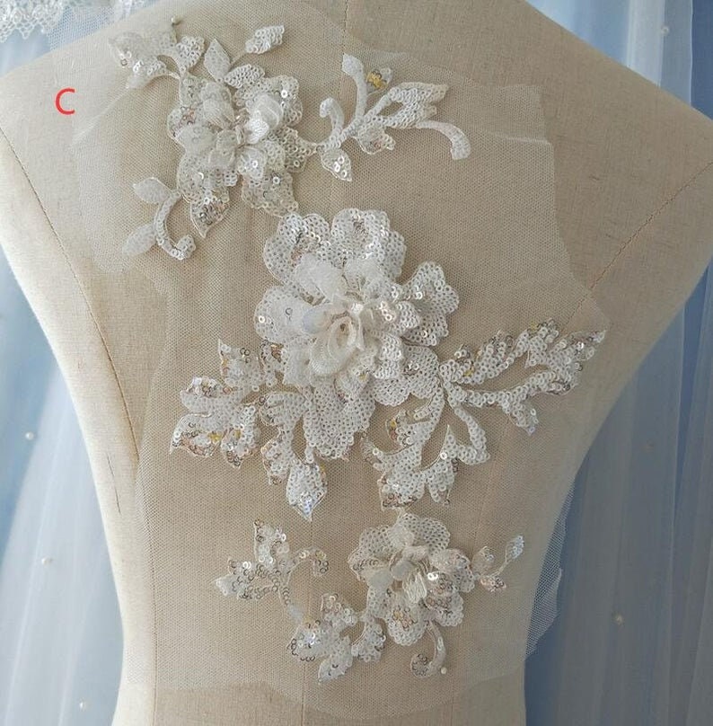Applique In Pizzo Con Paillettes Verde Scuro - Fiore 3D Per Abiti Fai Da Te, Matrimoni E Decorazioni - Foto 7