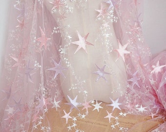 Star Embroidery Floral Pink Tulle  Lace Fabric,Mesh Trims Gauze DIY Wedding Bridal Evening Dress Costumes sold by the yard