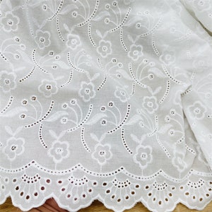 Off white Floral Scalloped Cotton Fabric for Doll Dress, Boho Cotton Dress, Lace Top or Women&#39;s Clothing