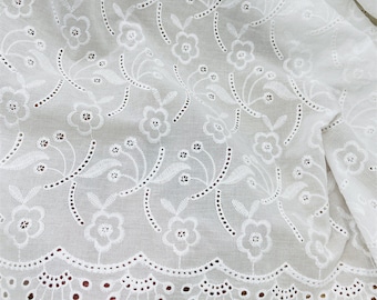 Off white Floral Scalloped Cotton Fabric for Doll Dress, Boho Cotton Dress, Lace Top or Women's Clothing
