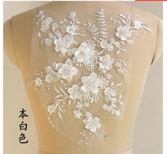 Patches For Clothes 3D Embroidery Flower Lace Bridal Applique Beaded Pearl Tulle Trims Wedding Lace Fabric - Foto 9