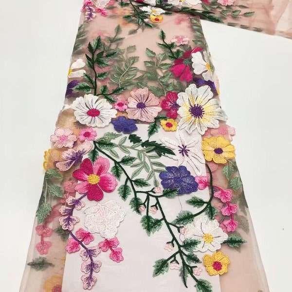 Nueva tela de tul con bordado de hojas florales, tela Floral de flores vívidas para novias, vestido de novia, vestido de desfile, por 1 yarda