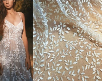 High Quality 1Yard Soft Ivory Leaf Lace Fabric, Veil applique material, Bridal Wedding Dress Prom Gown, Cotton Mesh Embroidery flower floral