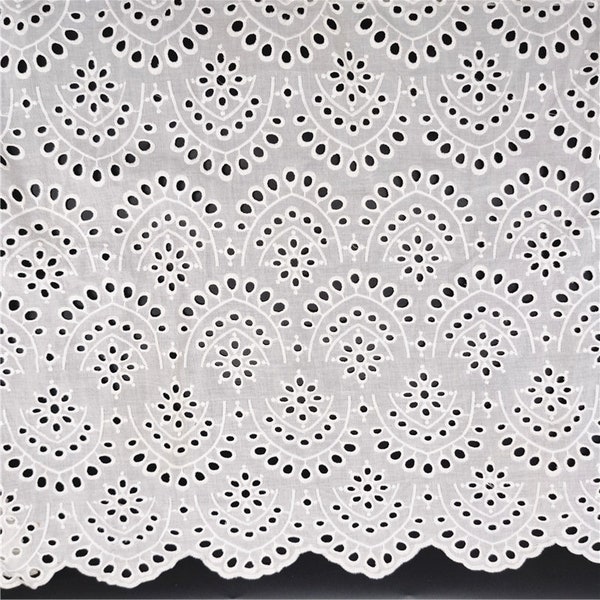 Retro Eyelet Cotton Lace Fabric, Off white Cotton Fabric with Scalloped Edges, Embroidery Cotton Fabric 53" Width Sold By the Yard