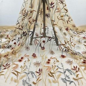 Lace Fabric Brown Tulle Leaf Floral Exquisite Embroidery Exquisite for Boho Wedding Dress, Prom Gown, Bridal Veil