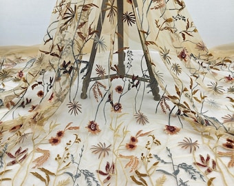 Lace Fabric Brown Tulle Leaf Floral Exquisite Embroidery Exquisite for Boho Wedding Dress, Prom Gown, Bridal Veil