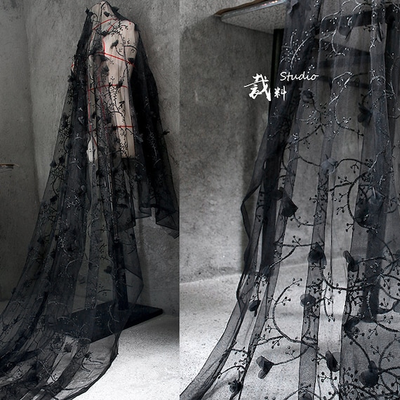 black veil chiffon dress 3D Black Chiffon Floral Embroidery Lace Fabric ,wedding Dress Fabric Dress  Veil Bridal Lace Fabric 51