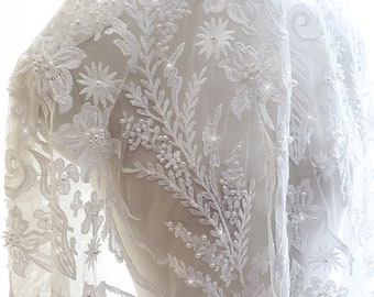 Tissu de dentelle de perles de perles ivoire, applique florale de dentelle de fleur de maille, tissu floral de mariage doux de dentelle de mariée par yard