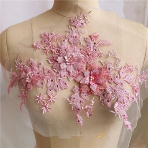 Beaded 3D Flower Patch Embroidery Flower Lace Applique, Flower Leaf Embroidery Sewing on Costume Wedding Bridal Dress DIY Trim