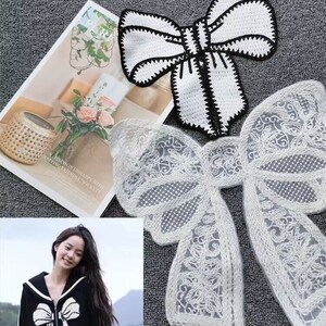 Knitted bow lace applique, ivory bow lace patch for apparel, Flower Leaf Embroidery Sewing on Costume Wedding Bridal Dress DIY Trim