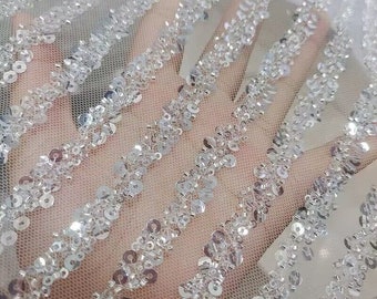Prachtige Crystle-kantstof met pailletten,gebroken witte kant, zware streep kraalkant,kant geborduurde bruidsjurk,