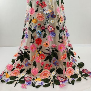3D colorful multicolored Dense flower embroidered Apricot tulle lace fabric for Wedding Dress, Prom Gown, Evening Dress