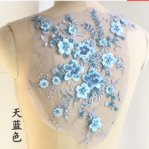 light blue lace applique, 3D sequined flower applique, Flower Leaf Embroidery Sewing on Costume Wedding Bridal Dress DIY Trim