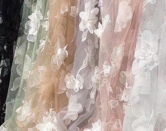 Large Flowers Embroidered Fabric, Off white Embroidery Mesh Fabric,For Wedding Gown, Bridal Lace Fabric, by the yard